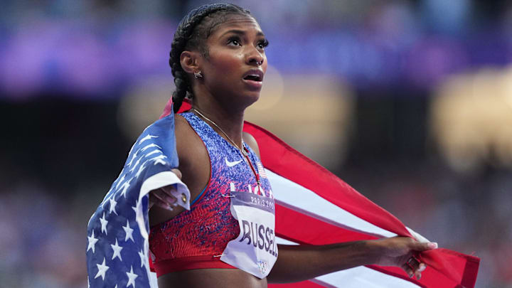 Masai Russell (USA) wins the women's 100m hurdles final during the Paris 2024 Olympic Summer Games.