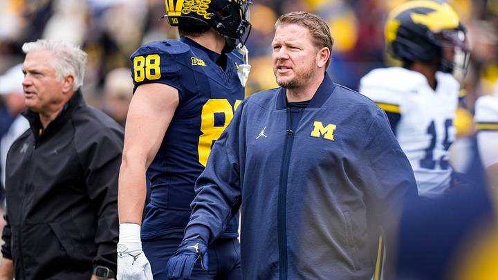 Michigan offensive coordinator Jason Beck looks on before the spring game at Michigan Stadium in Ann Arbor on Saturday, April 18, 2026.