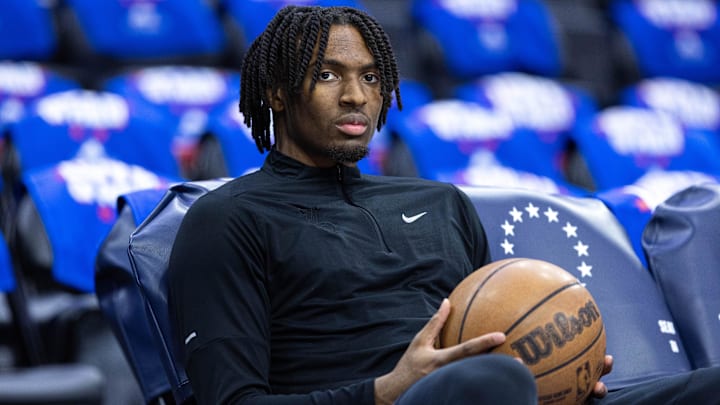 May 2, 2024; Philadelphia, Pennsylvania, USA; Philadelphia 76ers guard Tyrese Maxey before game six of the first round for the 2024 NBA playoffs against the New York Knicks at Wells Fargo Center. Mandatory Credit: Bill Streicher-Imagn Images