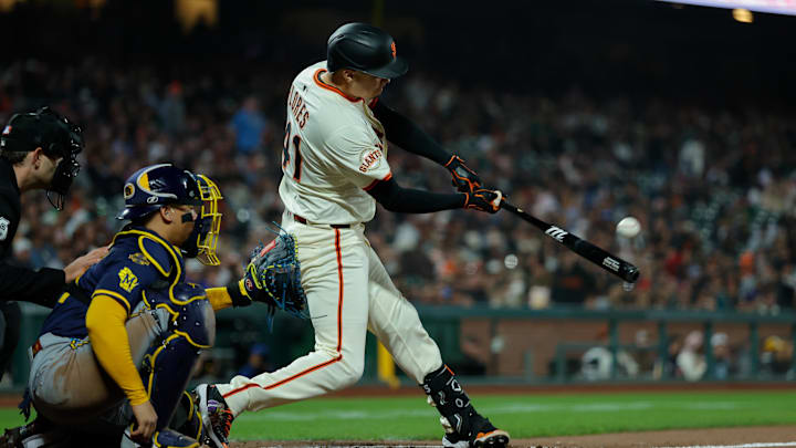 San Francisco, California, USA; San Francisco Giants designated hitter Wilmer Flores (41) hits a solo home run during the sixth inning against the Milwaukee Brewers at Oracle Park.