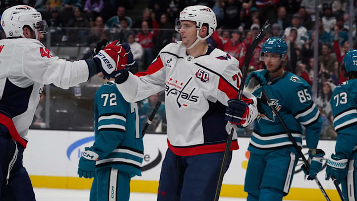 Mar 15, 2025; San Jose, California, USA;  Washington Capitals center Aliaksei Protas (21) scores a goal and is congratulated by right wing Tom Wilson (43) during the first period against the San Jose Sharks at SAP Center at San Jose. Mandatory Credit: David Gonzales-Imagn Images
