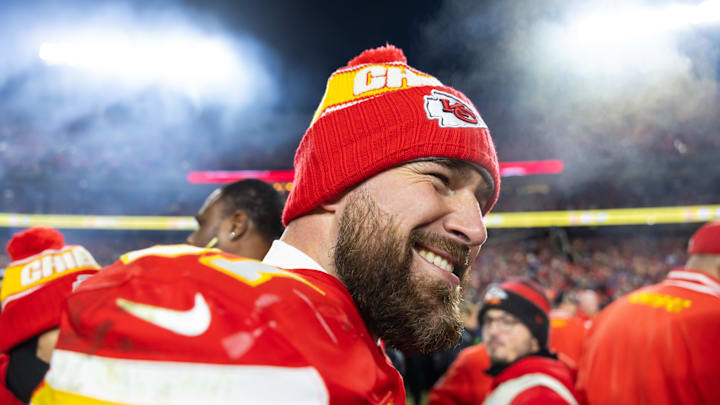 Jan 26, 2025; Kansas City, MO, USA; Kansas City Chiefs tight end Travis Kelce (87) celebrates after defeating the Buffalo Bills during the AFC Championship game at GEHA Field at Arrowhead Stadium. Mandatory Credit: Mark J. Rebilas-Imagn Images