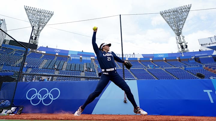 Jul 26, 2021; Yokohama, Japan; Team United States pitcher  Rachel Garcia (21) warms up in the bullpen during the Tokyo 2020 Olympic Summer Games at Yokohama Baseball Stadium in Yokohama, Japan. Mandatory Credit: Kareem Elgazzar-Imagn Images