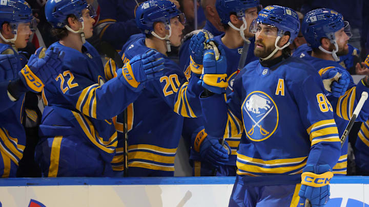 Oct 22, 2024; Buffalo, New York, USA;  Buffalo Sabres right wing Alex Tuch (89) celebrates his goal with teammates during the third period against the Dallas Stars at KeyBank Center. Mandatory Credit: Timothy T. Ludwig-Imagn Images