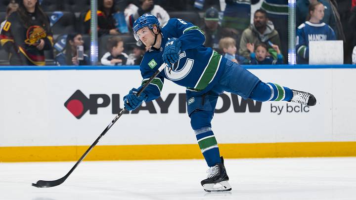 Apr 14, 2026; Vancouver, British Columbia, CAN; Vancouver Canucks forward Brock Boeser (6) shoots in warm up prior to a game against the Los Angeles Kings at Rogers Arena. Mandatory Credit: Bob Frid-Imagn Images