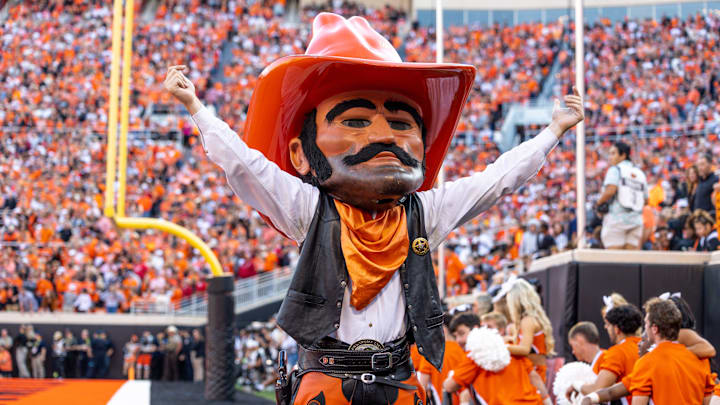 Pistol Pete cheers on the fans during a Bedlam college football game between the Oklahoma State University Cowboys (OSU) and the University of Oklahoma Sooners (OU) at Boone Pickens Stadium in Stillwater, Okla., Saturday, Nov. 4, 2023.