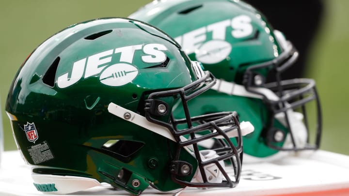 Oct 2, 2022; Pittsburgh, Pennsylvania, USA;  New York Jets helmets on the sidelines against the Pittsburgh Steelers during the second quarter at Acrisure Stadium.
