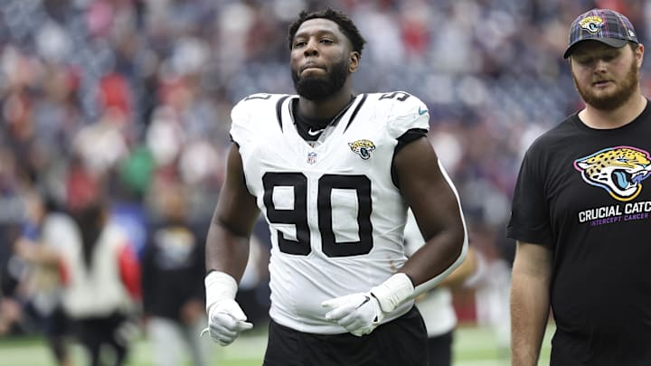 Sep 29, 2024; Houston, Texas, USA; Jacksonville Jaguars defensive tackle Esezi Otomewo (90) after the game against the Houston Texans at NRG Stadium. Mandatory Credit: Troy Taormina-Imagn Images Sep 29, 2024; Houston, Texas, USA; Jacksonville Jaguars defensive tackle Esezi Otomewo (90) after the game against the Houston Texans at NRG Stadium. Mandatory Credit: Troy Taormina-Imagn Images