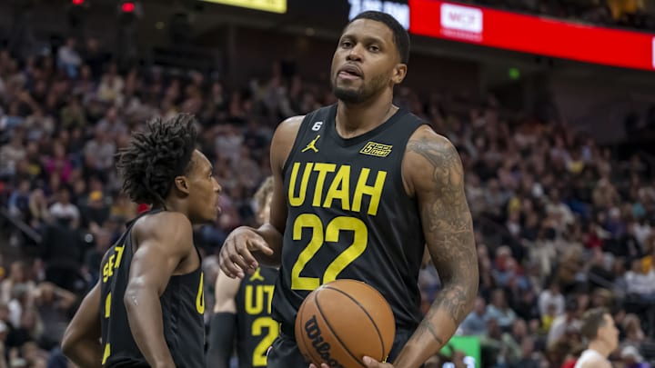 Dec 31, 2022; Salt Lake City, Utah, USA; Utah Jazz forward-guard Rudy Gay (22) reacts after fouling Miami Heat guard Victor Oladipo (not pictured) under the basket during the first quarter at Vivint Arena. Dec 31, 2022; Salt Lake City, Utah, USA; Utah Jazz forward-guard Rudy Gay (22) reacts after fouling Miami Heat guard Victor Oladipo (not pictured) under the basket during the first quarter at Vivint Arena.