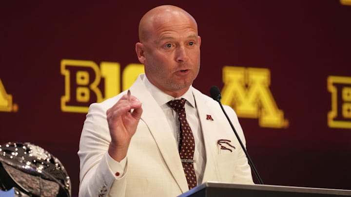 Jul 23, 2025; Las Vegas, NV, USA; Minnesota head coach P.J. Fleck speaks to the media during the Big Ten NCAA college football media days at Mandalay Bay Resort. Mandatory Credit: Lucas Peltier-Imagn Images