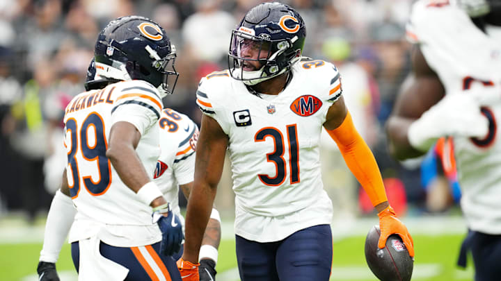 Kevin Byard celebrates an interception with Josh Blackwell and Bears teammates in Sunday's 25-24 Chicago win at Las Vegas.