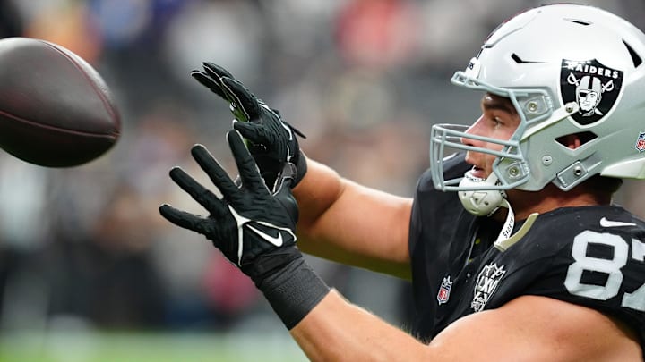 Jan 5, 2025; Paradise, Nevada, USA; Las Vegas Raiders tight end Michael Mayer (87) warms up before a game against the Los Angeles Chargers at Allegiant Stadium. Mandatory Credit: Stephen R. Sylvanie-Imagn Images