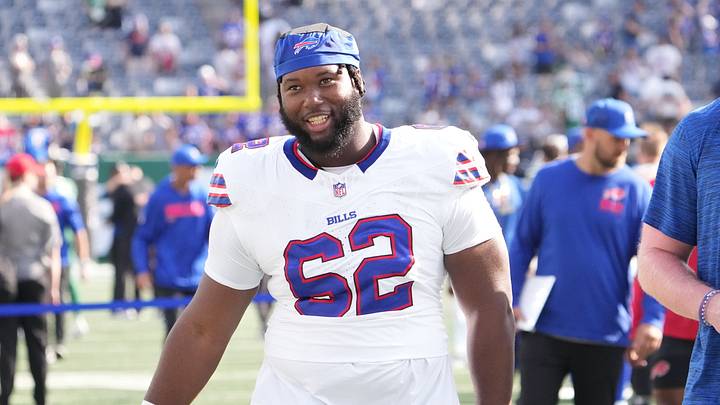 Sep 14, 2025; East Rutherford, New Jersey, USA; Buffalo Bills center Sedrick Van Pran-Granger (62) after the game against the New York Jets at MetLife Stadium. Sep 14, 2025; East Rutherford, New Jersey, USA; Buffalo Bills center Sedrick Van Pran-Granger (62) after the game against the New York Jets at MetLife Stadium.