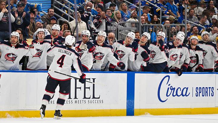 Oct 10, 2026; St. Louis, Missouri, USA; Columbus Blue Jackets center Cole Sillinger (4) is congratulated by teammates after scoring against the St. Louis Blues during the third period at Enterprise Center. Mandatory Credit: Jeff Curry-Imagn Images Oct 10, 2026; St. Louis, Missouri, USA; Columbus Blue Jackets center Cole Sillinger (4) is congratulated by teammates after scoring against the St. Louis Blues during the third period at Enterprise Center. Mandatory Credit: Jeff Curry-Imagn Images