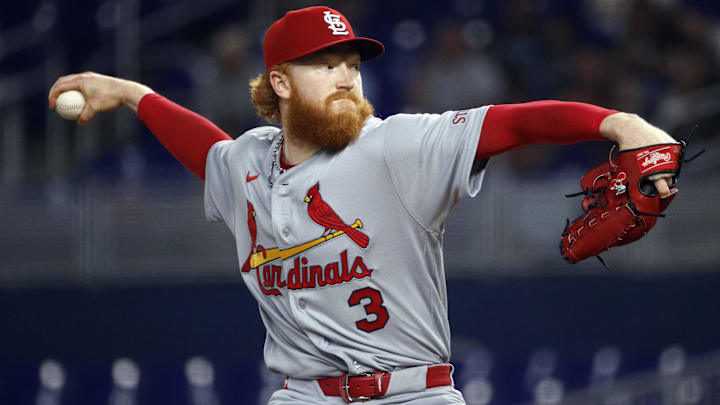 Apr 21, 2026; Miami, Florida, USA;  St. Louis Cardinals starting pitcher Dustin May (3) throws against the Miami  during the first inning at loanDepot Park. Mandatory Credit: Rhona Wise-Imagn Images