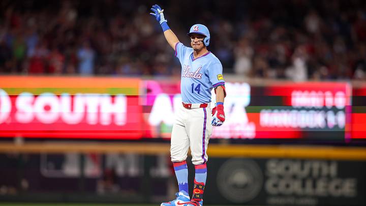 Apr 10, 2026; Atlanta, Georgia, USA; Atlanta Braves shortstop Mauricio Dubon (14) celebrates after a double against the Cleveland Guardians in the sixth inning at Truist Park. Mandatory Credit: Brett Davis-Imagn Images
Apr 10, 2026; Atlanta, Georgia, USA; Atlanta Braves shortstop Mauricio Dubon (14) celebrates after a double against the Cleveland Guardians in the sixth inning at Truist Park. Mandatory Credit: Brett Davis-Imagn Images