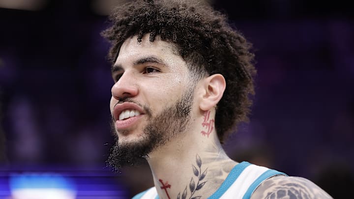Mar 11, 2026; Sacramento, California, USA; Charlotte Hornets guard LaMelo Ball (1) after the game against the Sacramento Kings at Golden 1 Center. Mandatory Credit: Kelley L Cox-Imagn Images