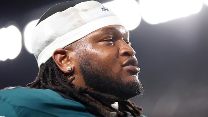 Sep 4, 2025; Philadelphia, Pennsylvania, USA; Philadelphia Eagles defensive tackle Jalen Carter (98) walks off the field after being ejected during the first quarter of the game against the Dallas Cowboys at Lincoln Financial Field.