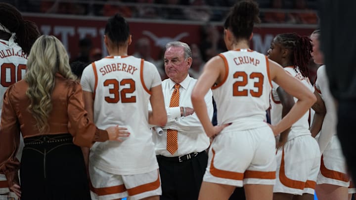 Feb 26, 2026; Austin, Texas, USA; Texas Longhorns head coach Vic Schaefer talks to his team during a time out in the second half against the Georgia Bulldogs at Moody Center. Mandatory Credit: Dustin Safranek-Imagn Images Feb 26, 2026; Austin, Texas, USA; Texas Longhorns head coach Vic Schaefer talks to his team during a time out in the second half against the Georgia Bulldogs at Moody Center. Mandatory Credit: Dustin Safranek-Imagn Images