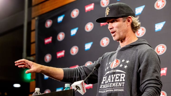 May 10, 2024; Santa Clara, CA, USA; San Francisco 49ers defensive coordinator Nick Sorensen holds a press conference before the 49ers rookie minicamp at Levi’s Stadium in Santa Clara, CA. Mandatory Credit: Robert Kupbens-USA TODAY Sports May 10, 2024; Santa Clara, CA, USA; San Francisco 49ers defensive coordinator Nick Sorensen holds a press conference before the 49ers rookie minicamp at Levi’s Stadium in Santa Clara, CA. Mandatory Credit: Robert Kupbens-USA TODAY Sports