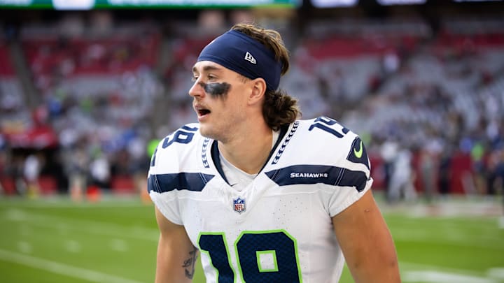 Dec 8, 2024; Glendale, Arizona, USA; Seattle Seahawks wide receiver Jake Bobo (19) against the Arizona Cardinals at State Farm Stadium. Mandatory Credit: Mark J. Rebilas-Imagn Images