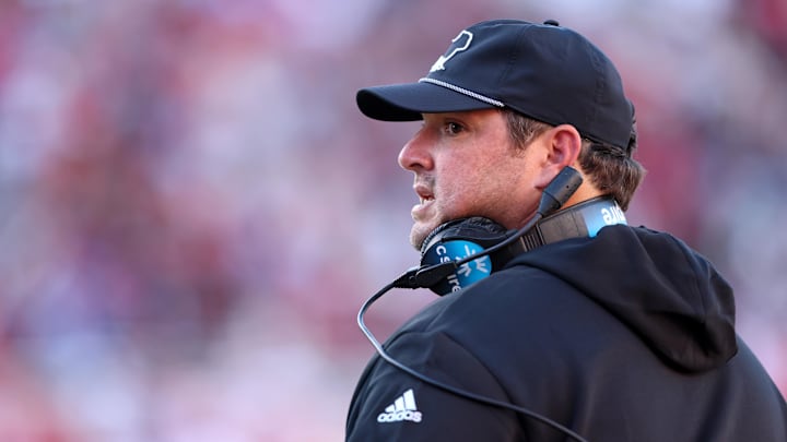 Mississippi State Bulldogs head coach Jeff Lebby during the third quarter against the Arkansas Razorbacks at Donald W. Reynolds Razorback Stadium. Bulldogs won 38-35.