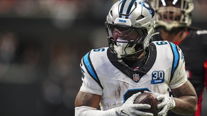Carolina Panthers running back Miles Sanders catches a touchdown pass against the Atlanta Falcons 