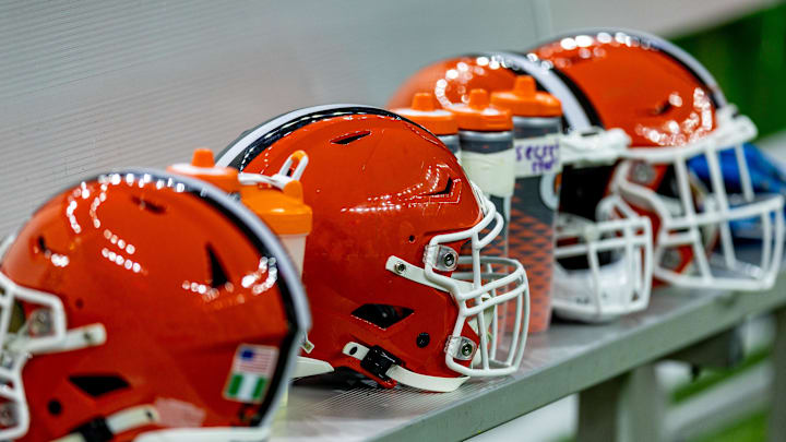 Nov 17, 2024; New Orleans, Louisiana, USA;  Detailed view of the Cleveland Browns helmets on a time out against the New Orleans Saints during the first half at Caesars Superdome. Mandatory Credit: Stephen Lew-Imagn Images