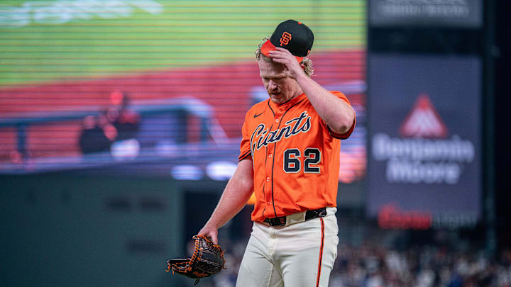 Jul 11, 2025; San Francisco, California, USA; San Francisco Giants starting pitcher Logan Webb (62) heads to the bench after being relieved during the sixth inning against the Los Angeles Dodgers at Oracle Park. 