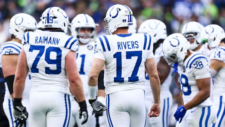 Dec 14, 2025; Seattle, Washington, USA; Indianapolis Colts quarterback Philip Rivers (17) walks to the huddle during the first quarter against the Seattle Seahawks at Lumen Field. 