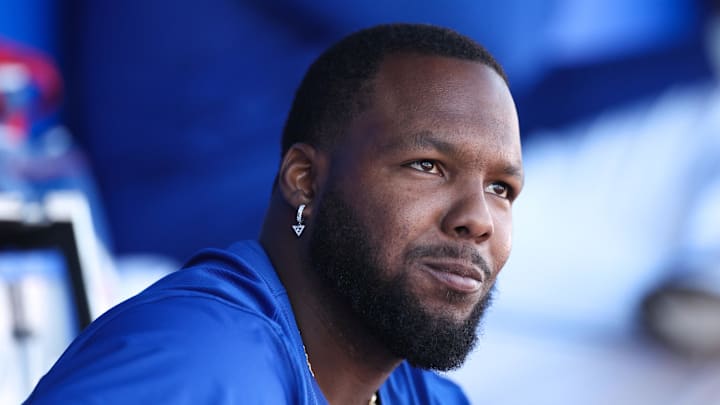 Mar 6, 2025; Dunedin, Florida, USA; Toronto Blue Jays first baseman Vladimir Guerrero Jr. (27) looks on from the dugout against the Boston Red Sox in the fourth inning during spring training at TD Ballpark. Mandatory Credit: Nathan Ray Seebeck-Imagn Images