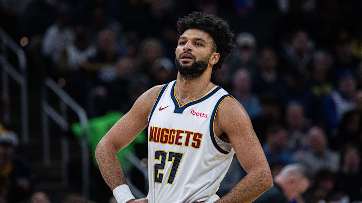 Feb 24, 2025; Indianapolis, Indiana, USA; Denver Nuggets guard Jamal Murray (27)  in the first half against the Indiana Pacers at Gainbridge Fieldhouse. Mandatory Credit: Trevor Ruszkowski-Imagn Images