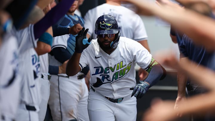Tampa, Florida, USA; Tampa Bay Rays third baseman Junior Caminero (13) celebrates after hitting a home run against the Detroit Tigers in the fourth inning at George M. Steinbrenner Field.