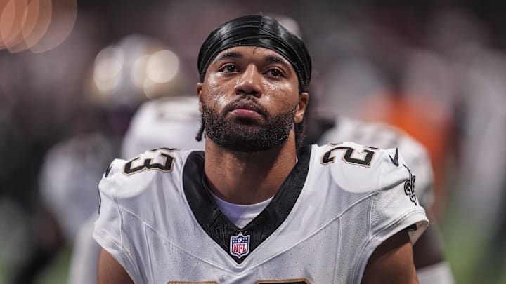 Sep 29, 2024; Atlanta, Georgia, USA; New Orleans Saints cornerback Marshon Lattimore (23) on the field against the Atlanta Falcons at Mercedes-Benz Stadium. Mandatory Credit: Dale Zanine-Imagn Images Sep 29, 2024; Atlanta, Georgia, USA; New Orleans Saints cornerback Marshon Lattimore (23) on the field against the Atlanta Falcons at Mercedes-Benz Stadium. Mandatory Credit: Dale Zanine-Imagn Images
