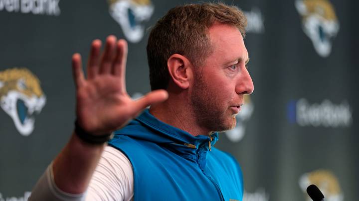 Jacksonville Jaguars head coach Liam Coen speaks during a press conference at the Miller Electric Center, Monday, April 20, 2026 in Jacksonville, Fla.