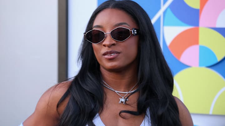 Simone Biles arrives at the US Open in New York, NY on September 4, 2024.