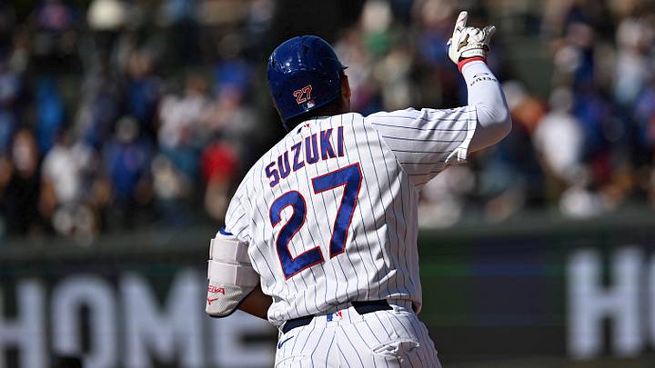 Sep 24, 2026; Chicago, Illinois, USA; Chicago Cubs right fielder Seiya Suzuki (27) points after he hit a home run during the fifth inning against the Miami Marlins at Wrigley Field. Mandatory Credit: Matt Marton-Imagn Images Sep 24, 2026; Chicago, Illinois, USA; Chicago Cubs right fielder Seiya Suzuki (27) points after he hit a home run during the fifth inning against the Miami Marlins at Wrigley Field. Mandatory Credit: Matt Marton-Imagn Images