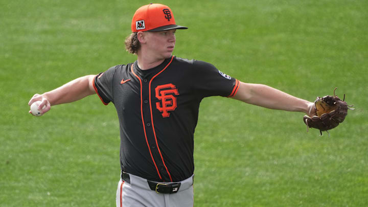 Feb 13, 2025; Scottsdale, AZ, USA; San Francisco Giants pitcher Hayden Birdsong (60) warms up during spring training camp.