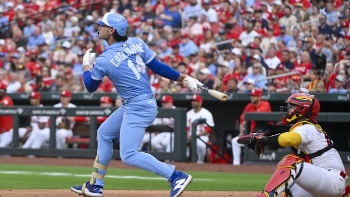 Jun 3, 2025; St. Louis, Missouri, USA; Kansas City Royals designated hitter Jac Caglianone (14) bats against the St. Louis Cardinals during the second inning of his Major League Baseball debut at Busch Stadium. Mandatory Credit: Jeff Curry-Imagn Images Jun 3, 2025; St. Louis, Missouri, USA; Kansas City Royals designated hitter Jac Caglianone (14) bats against the St. Louis Cardinals during the second inning of his Major League Baseball debut at Busch Stadium. Mandatory Credit: Jeff Curry-Imagn Images