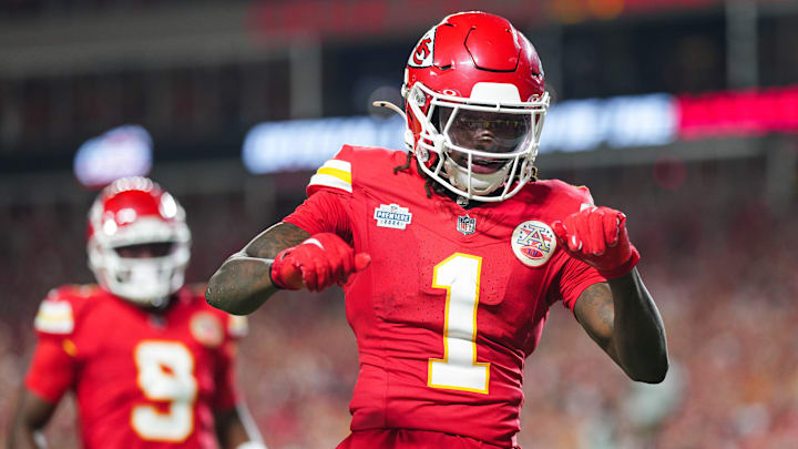 Sep 5, 2024; Kansas City, Missouri, USA; Kansas City Chiefs wide receiver Xavier Worthy (1) celebrates after scoring a touchdown during the second half against the Baltimore Ravens at GEHA Field at Arrowhead Stadium. Mandatory Credit: Jay Biggerstaff-Imagn Images