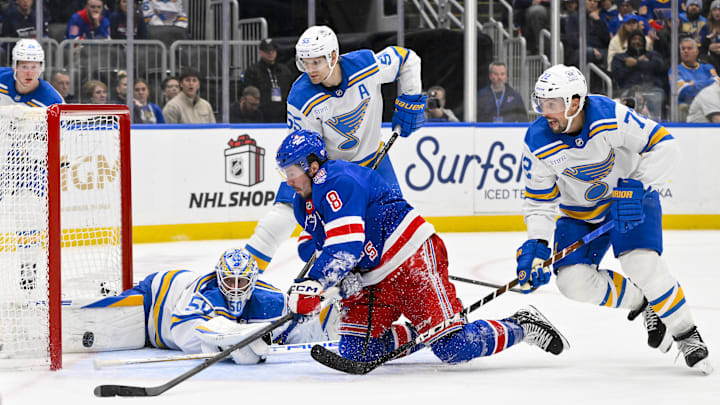 Dec 18, 2025; St. Louis, Missouri, USA; St. Louis Blues goaltender Jordan Binnington (50) defenseman Colton Parayko (55) and defenseman Justin Faulk (72) defends the net against New York Rangers left wing J.T. Miller (8) during the third period at Enterprise Center. Mandatory Credit: Jeff Curry-Imagn Images