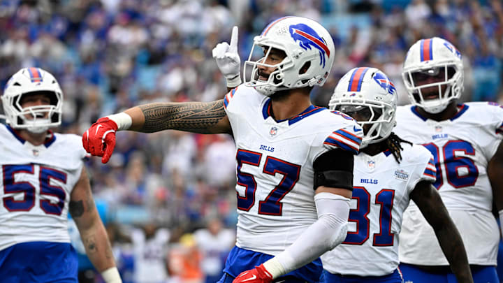 Oct 26, 2025; Charlotte, North Carolina, USA; Buffalo Bills defensive end AJ Epenesa (57) reacts after a sack in the fourth quarter against the Carolina Panthers at Bank of America Stadium. 