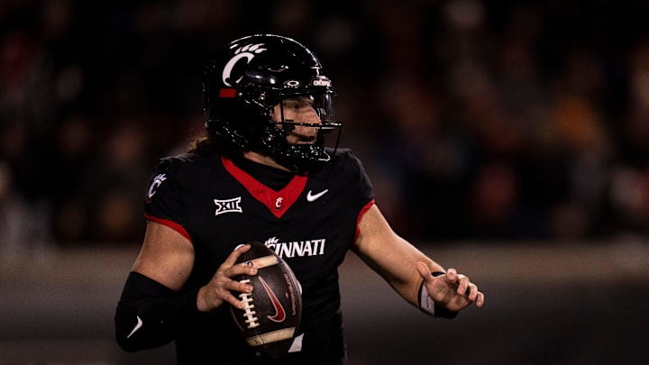 Cincinnati Bearcats quarterback Brendan Sorsby (2) looks to throw in the first quarter of the NCAA football game between Cincinnati Bearcats and TCU Horned Frogs at Nippert Stadium in Cincinnati on Saturday, Nov. 30, 2024. Cincinnati Bearcats quarterback Brendan Sorsby (2) looks to throw in the first quarter of the NCAA football game between Cincinnati Bearcats and TCU Horned Frogs at Nippert Stadium in Cincinnati on Saturday, Nov. 30, 2024.