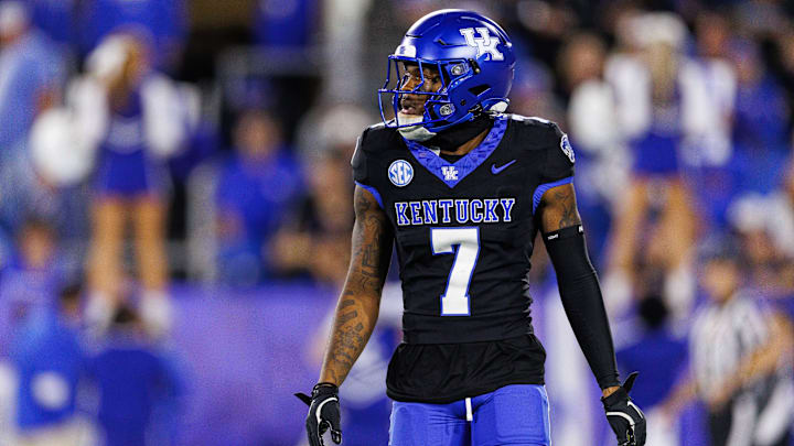 Oct 12, 2024; Lexington, Kentucky, USA; Kentucky Wildcats wide receiver Barion Brown (7) looks on during the fourth quarter against the Vanderbilt Commodores at Kroger Field. Mandatory Credit: Jordan Prather-Imagn Images