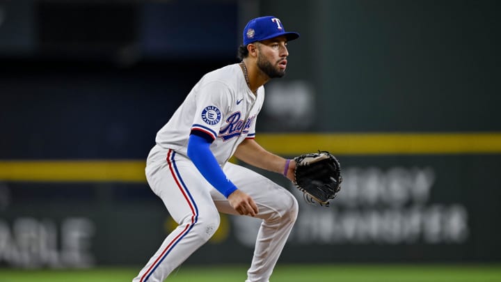Jul 6, 2024; Arlington, Texas, USA; Texas Rangers third baseman Jonathan Ornelas (21) in action during the game between the Texas Rangers and the Tampa Bay Rays at Globe Life Field. Mandatory Credit: Jerome Miron-USA TODAY Sports Jul 6, 2024; Arlington, Texas, USA; Texas Rangers third baseman Jonathan Ornelas (21) in action during the game between the Texas Rangers and the Tampa Bay Rays at Globe Life Field. Mandatory Credit: Jerome Miron-USA TODAY Sports