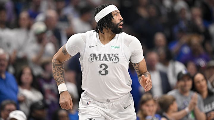 Apr 11, 2025; Dallas, Texas, USA; Dallas Mavericks forward Anthony Davis (3) runs back up the court during the first quarter against the Toronto Raptors at the American Airlines Center. Mandatory Credit: Jerome Miron-Imagn Images Apr 11, 2025; Dallas, Texas, USA; Dallas Mavericks forward Anthony Davis (3) runs back up the court during the first quarter against the Toronto Raptors at the American Airlines Center. Mandatory Credit: Jerome Miron-Imagn Images