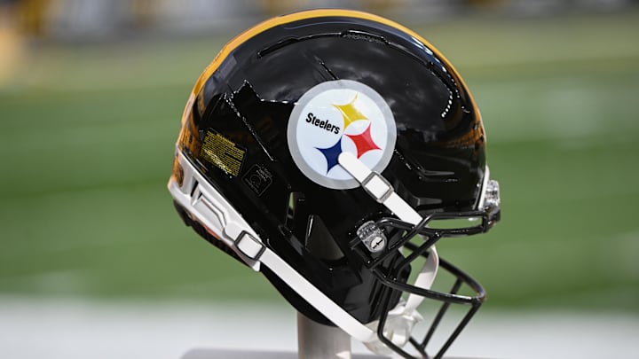 Nov 16, 2025; Pittsburgh, Pennsylvania, USA; A Pittsburgh Steelers helmet before a game against the Cincinnati Bengals at Acrisure Stadium. Mandatory Credit: Barry Reeger-Imagn Images