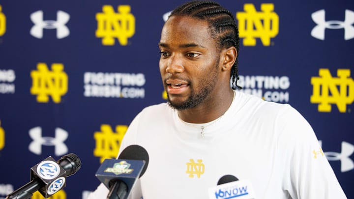Notre Dame corner back Benjamin Morrison addresses media after a Notre Dame football practice at Irish Athletic Center on Thursday, Aug. 15, 2024, in South Bend.