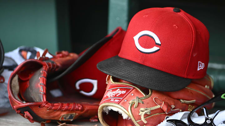 Jul 23, 2025; Washington, District of Columbia, USA; General view of Cincinnati Reds hat during the game against the Washington Nationals at Nationals Park. Mandatory Credit: Brad Mills-Imagn Images Jul 23, 2025; Washington, District of Columbia, USA; General view of Cincinnati Reds hat during the game against the Washington Nationals at Nationals Park. Mandatory Credit: Brad Mills-Imagn Images