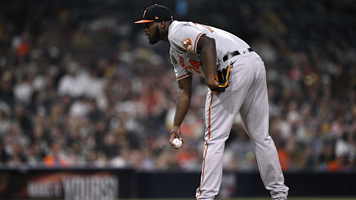Aug 14, 2023; San Diego, California, USA; Baltimore Orioles relief pitcher Felix Bautista (74) prepares to pitch against the San Diego Padres during the ninth inning at Petco Park.